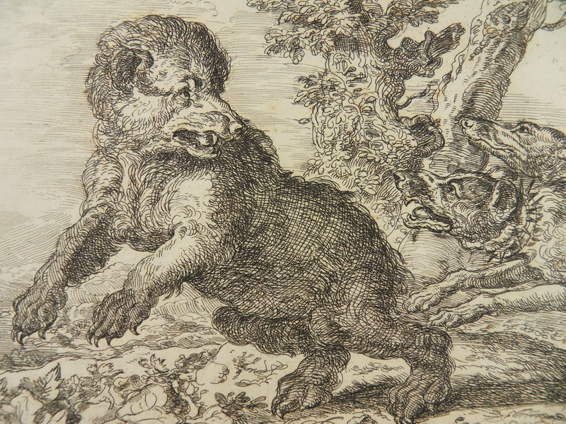 ABRAHAM HONDIUS RADIERUNG HUNDE JAGEN BÄR JAGD 1676 T